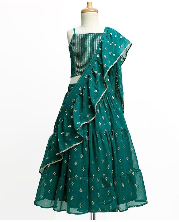 Pine Kids Woven Sleeveless Lehenga Choli Set With Foil Print & Dupatta - Teal Blue