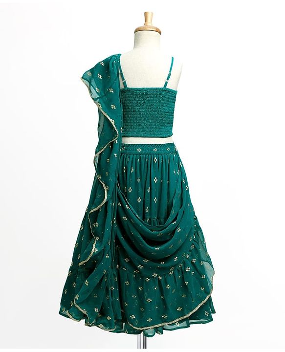Pine Kids Woven Sleeveless Lehenga Choli Set With Foil Print & Dupatta - Teal Blue