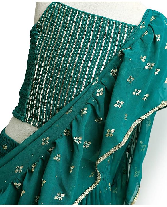Pine Kids Woven Sleeveless Lehenga Choli Set With Foil Print & Dupatta - Teal Blue