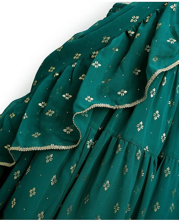 Pine Kids Woven Sleeveless Lehenga Choli Set With Foil Print & Dupatta - Teal Blue