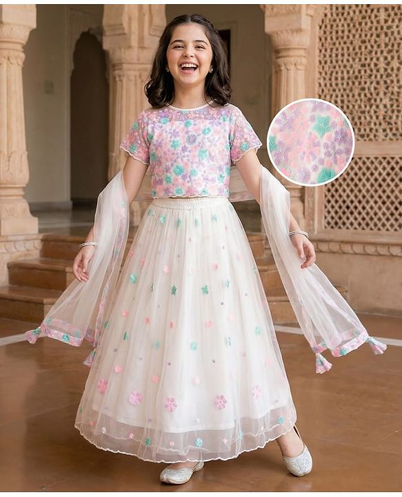 Pine Kids Woven Half Sleeves Choli Lehenga Set with Dupatta & Sequin Detailing - White