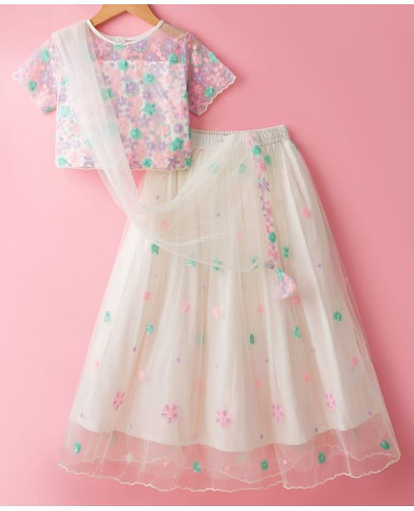 Pine Kids Woven Half Sleeves Choli Lehenga Set with Dupatta & Sequin Detailing - White