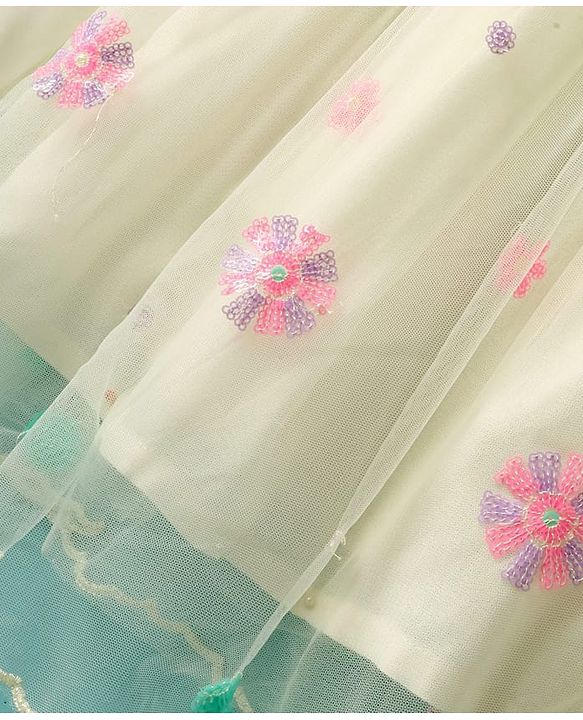 Pine Kids Woven Half Sleeves Choli Lehenga Set with Dupatta & Sequin Detailing - White