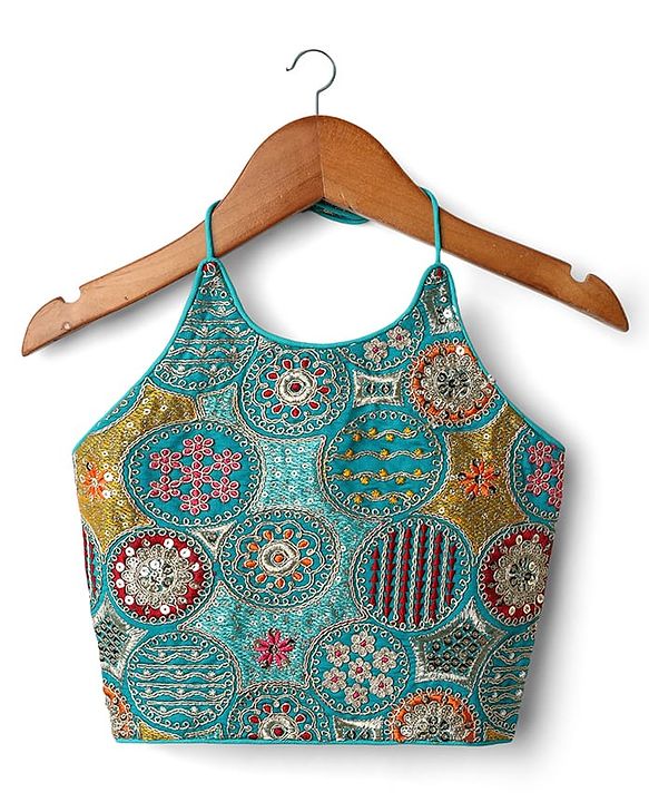 Pine Kids Woven Sleeveless Embroidered Choli & Floral Foil Printed Lehenga With Dupatta - Teal Blue & Yellow