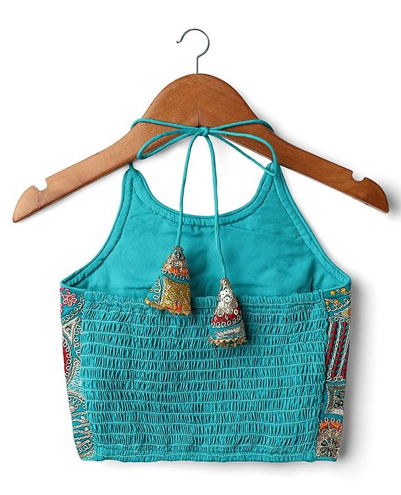 Pine Kids Woven Sleeveless Embroidered Choli & Floral Foil Printed Lehenga With Dupatta - Teal Blue & Yellow