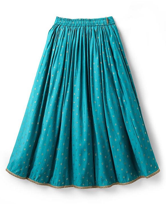 Pine Kids Woven Sleeveless Embroidered Choli & Floral Foil Printed Lehenga With Dupatta - Teal Blue & Yellow