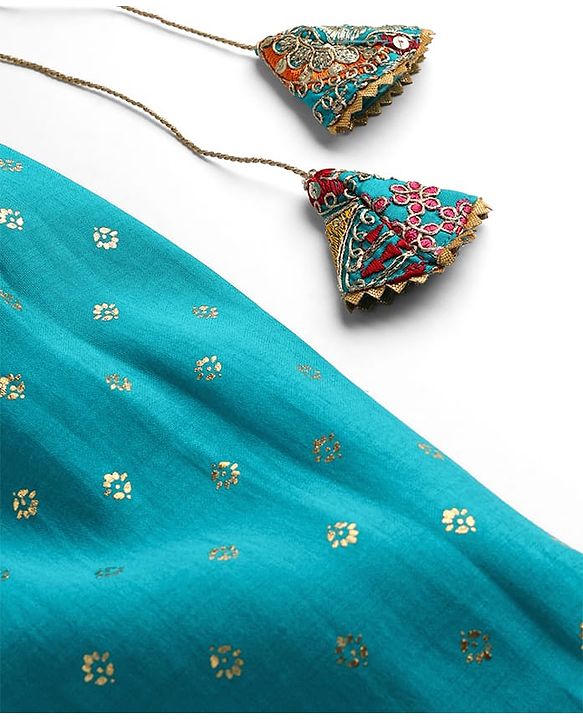 Pine Kids Woven Sleeveless Embroidered Choli & Floral Foil Printed Lehenga With Dupatta - Teal Blue & Yellow