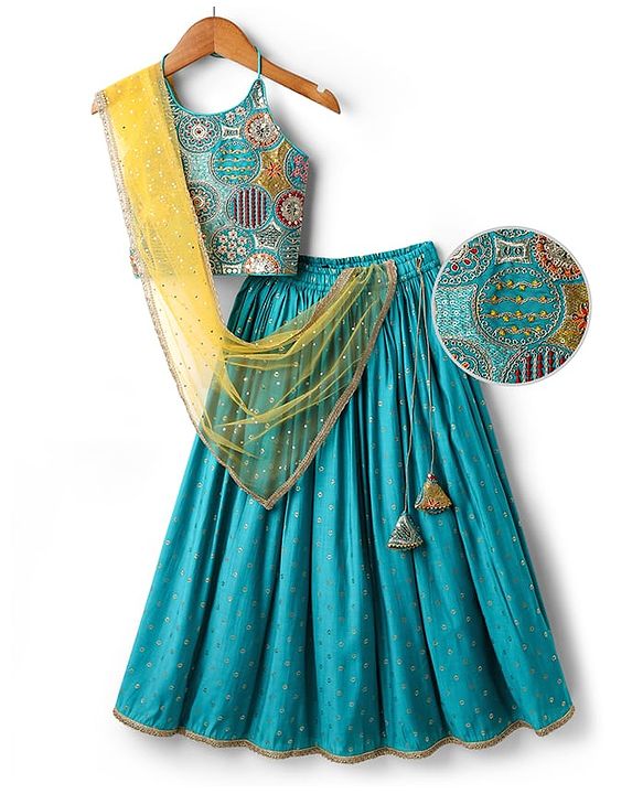 Pine Kids Woven Sleeveless Embroidered Choli & Floral Foil Printed Lehenga With Dupatta - Teal Blue & Yellow