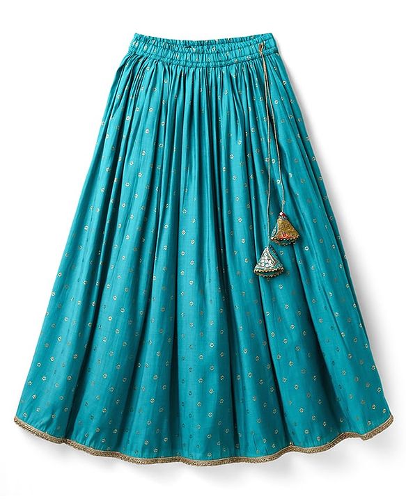 Pine Kids Woven Sleeveless Embroidered Choli & Floral Foil Printed Lehenga With Dupatta - Teal Blue & Yellow