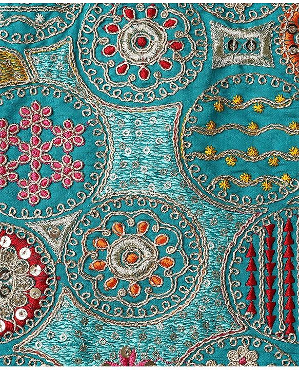 Pine Kids Woven Sleeveless Embroidered Choli & Floral Foil Printed Lehenga With Dupatta - Teal Blue & Yellow