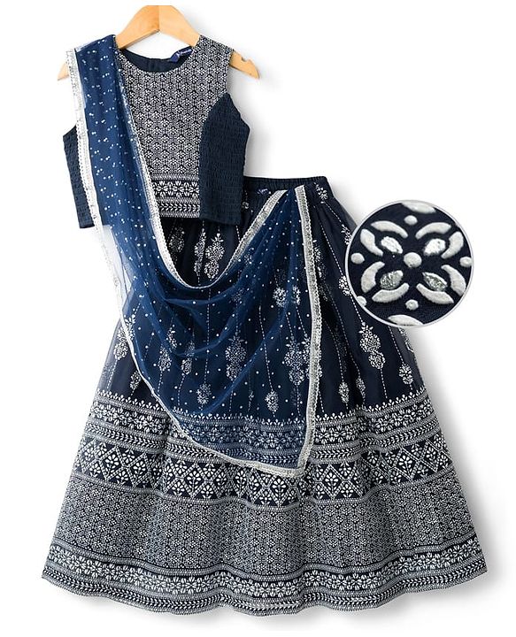 Pine Kids Woven Sleeveless Choli Lehenga & Dupatta Set with Floral Foil Print - Navy Blue