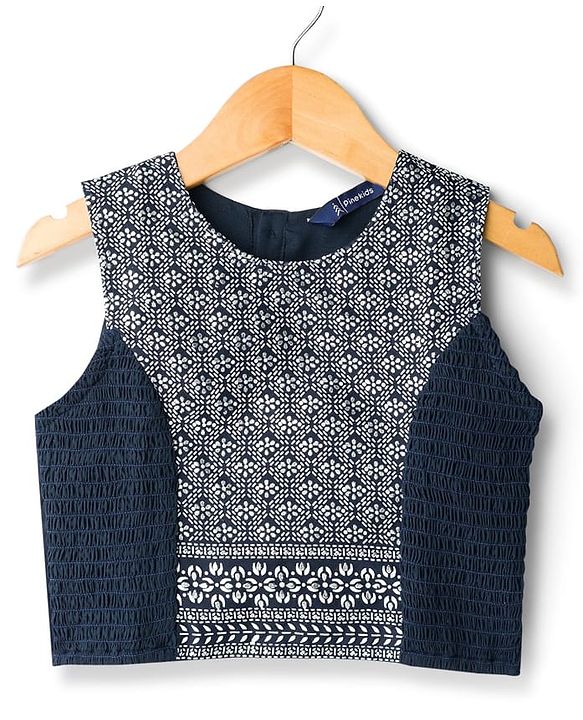 Pine Kids Woven Sleeveless Choli Lehenga & Dupatta Set with Floral Foil Print - Navy Blue