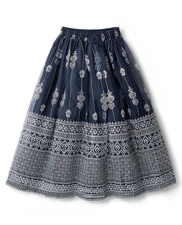 Pine Kids Woven Sleeveless Choli Lehenga & Dupatta Set with Floral Foil Print - Navy Blue