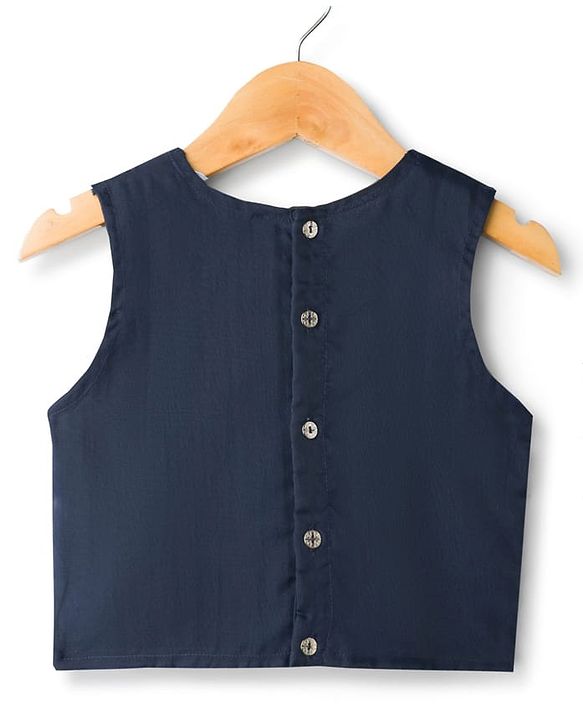 Pine Kids Woven Sleeveless Choli Lehenga & Dupatta Set with Floral Foil Print - Navy Blue