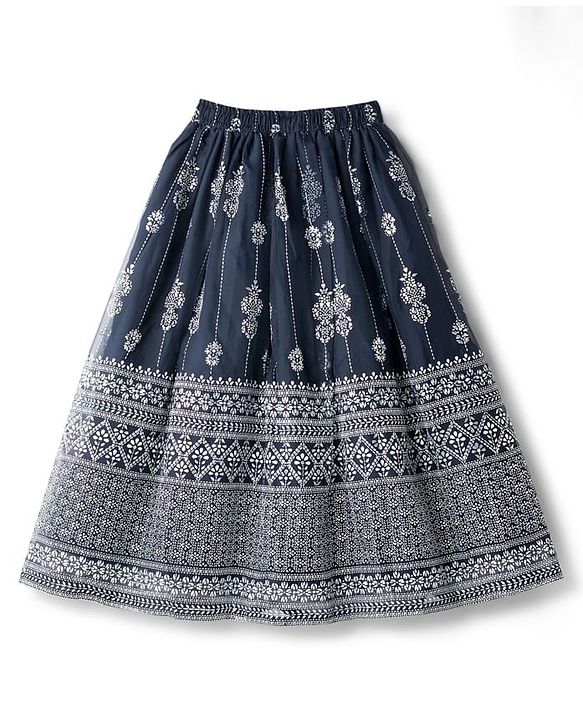 Pine Kids Woven Sleeveless Choli Lehenga & Dupatta Set with Floral Foil Print - Navy Blue