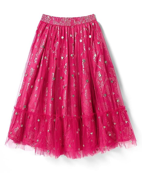 Pine Kids Woven Floral Printed Choli Lehenga With Dupatta Set & Sequin Embroidery - Pink