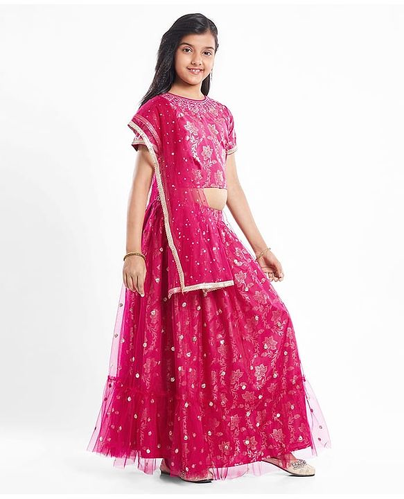 Pine Kids Woven Floral Printed Choli Lehenga With Dupatta Set & Sequin Embroidery - Pink