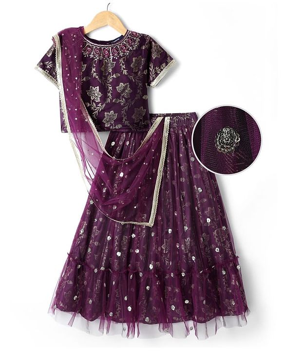 Pine Kids Woven Half Sleeves Printed Choli Lehenga Set With Sequin Detailing & Dupatta Set - Wine