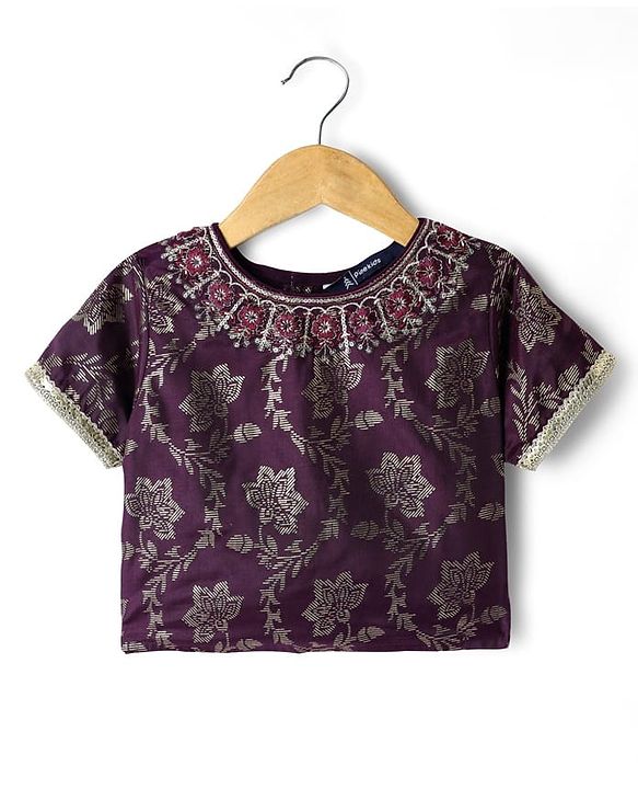 Pine Kids Woven Half Sleeves Printed Choli Lehenga Set With Sequin Detailing & Dupatta Set - Wine