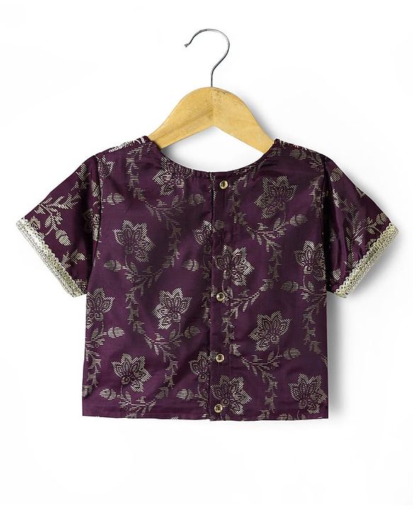 Pine Kids Woven Half Sleeves Printed Choli Lehenga Set With Sequin Detailing & Dupatta Set - Wine