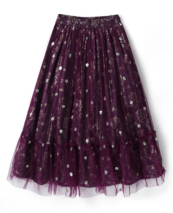 Pine Kids Woven Half Sleeves Printed Choli Lehenga Set With Sequin Detailing & Dupatta Set - Wine