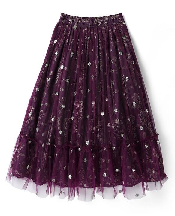 Pine Kids Woven Half Sleeves Printed Choli Lehenga Set With Sequin Detailing & Dupatta Set - Wine