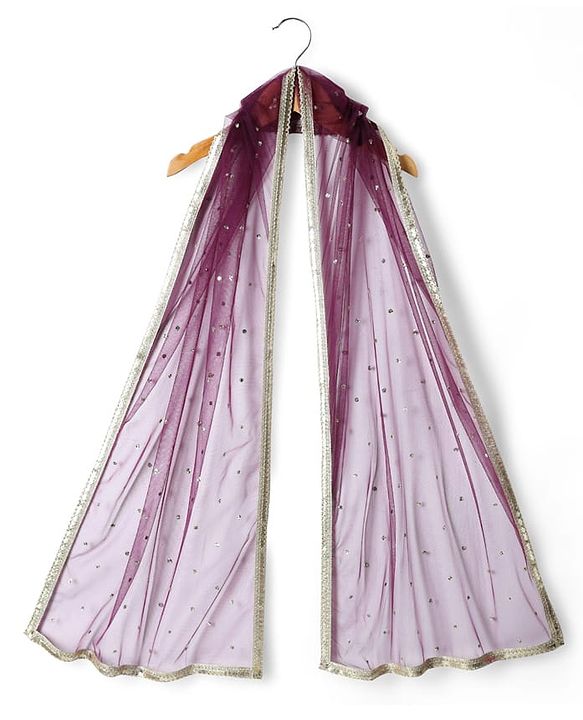 Pine Kids Woven Half Sleeves Printed Choli Lehenga Set With Sequin Detailing & Dupatta Set - Wine