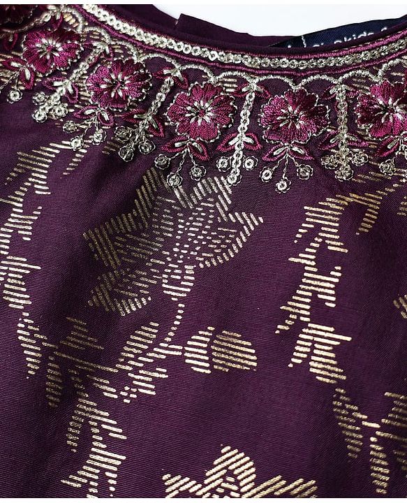 Pine Kids Woven Half Sleeves Printed Choli Lehenga Set With Sequin Detailing & Dupatta Set - Wine