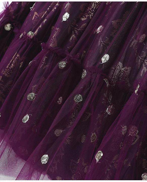 Pine Kids Woven Half Sleeves Printed Choli Lehenga Set With Sequin Detailing & Dupatta Set - Wine