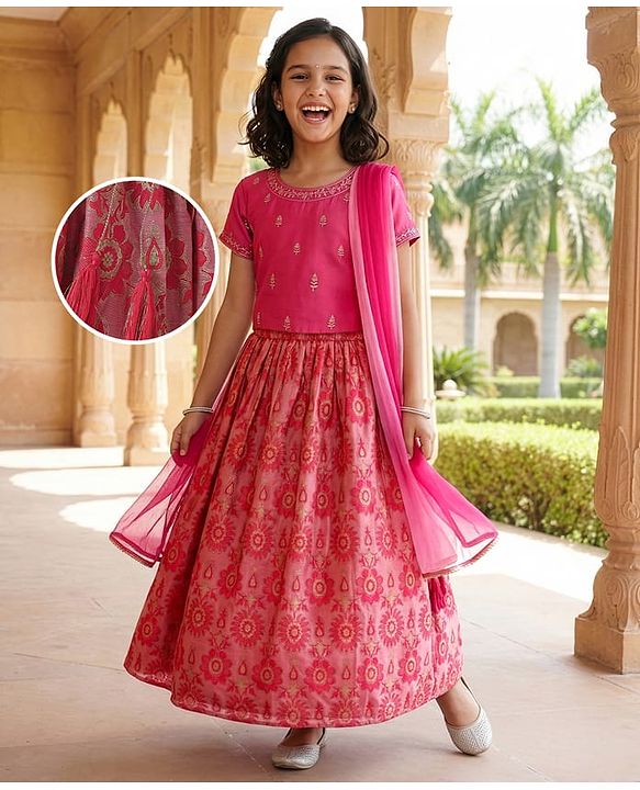 Pine Kids Woven Half Sleeves  Choli Lehenga Set with Dupatta & Floral Print & Embroidery - Dark Pink