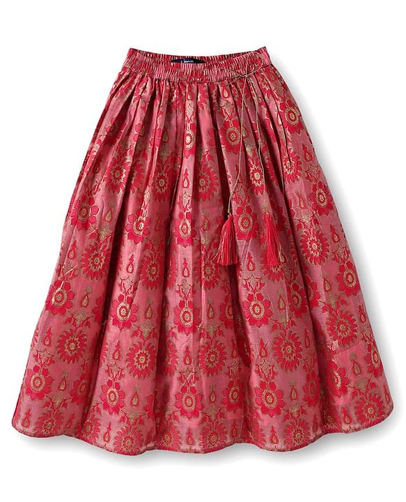 Pine Kids Woven Half Sleeves  Choli Lehenga Set with Dupatta & Floral Print & Embroidery - Dark Pink