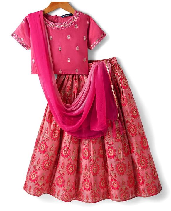 Pine Kids Woven Half Sleeves  Choli Lehenga Set with Dupatta & Floral Print & Embroidery - Dark Pink