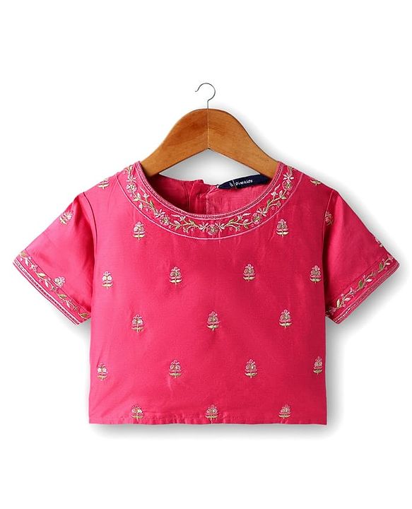 Pine Kids Woven Half Sleeves  Choli Lehenga Set with Dupatta & Floral Print & Embroidery - Dark Pink