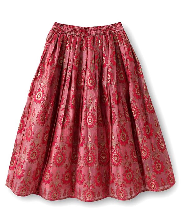 Pine Kids Woven Half Sleeves  Choli Lehenga Set with Dupatta & Floral Print & Embroidery - Dark Pink