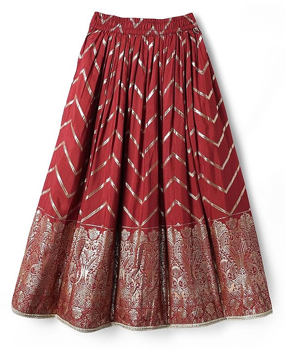 Pine Kids Woven Half Sleeves Choli Lehenga & Dupatta Set With Floral Print - Red