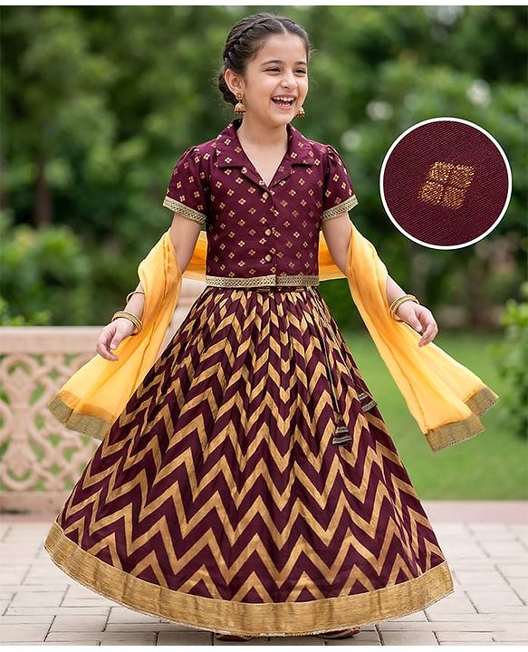 Pine Kids Woven Half Sleeves Choli Lehenga Set with Dupatta & Zari Detailing - Wine