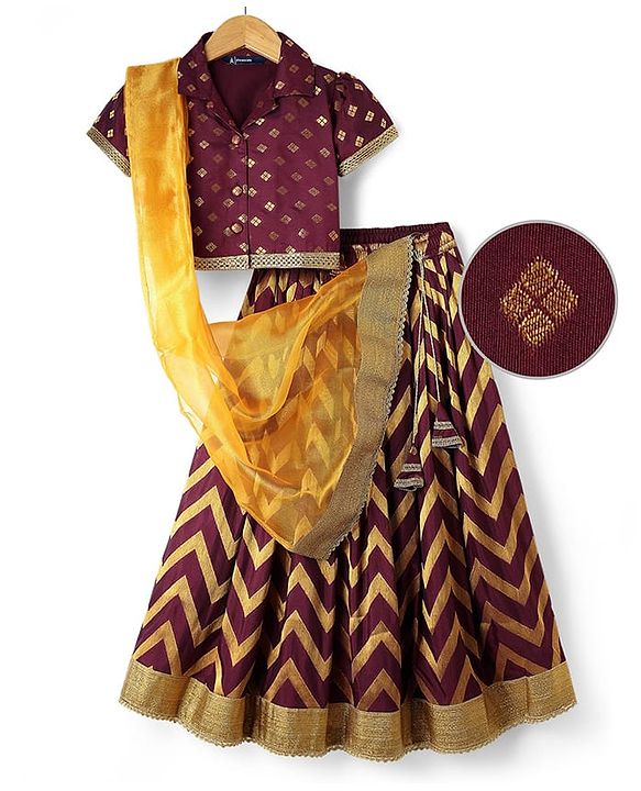 Pine Kids Woven Half Sleeves Choli Lehenga Set with Dupatta & Zari Detailing - Wine
