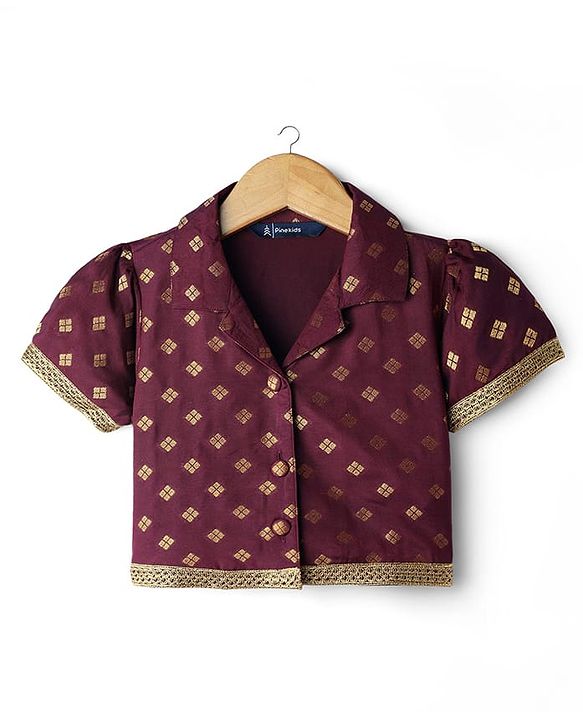 Pine Kids Woven Half Sleeves Choli Lehenga Set with Dupatta & Zari Detailing - Wine