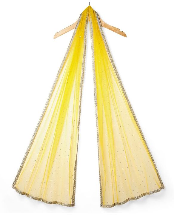 Pine Kids Woven Half Puffed Sleeves Floral Glitter Printed Choli Lehenga Set with Dupatta & Lace Detailing - Yellow