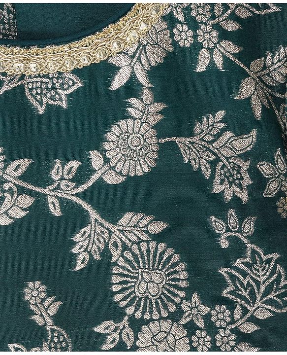 Pine Kids Woven Half Puffed Sleeves Floral Glitter Printed Choli Lehenga Set with Dupatta & Lace Detailing - Yellow