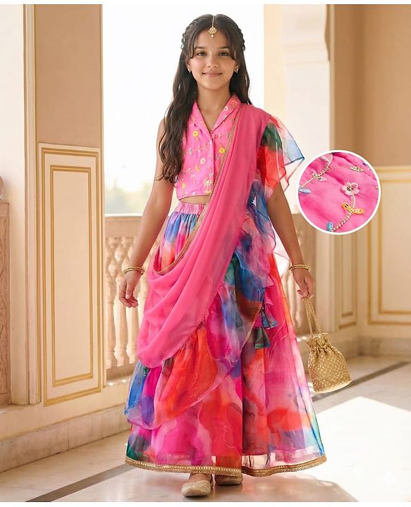 Pine Kids Woven Sleeveless Floral Printed & Embroidered Choli Lehenga with Dupatta - Pink