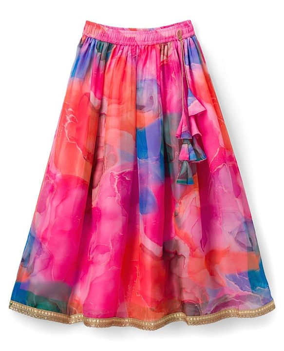 Pine Kids Woven Sleeveless Floral Printed & Embroidered Choli Lehenga with Dupatta - Pink