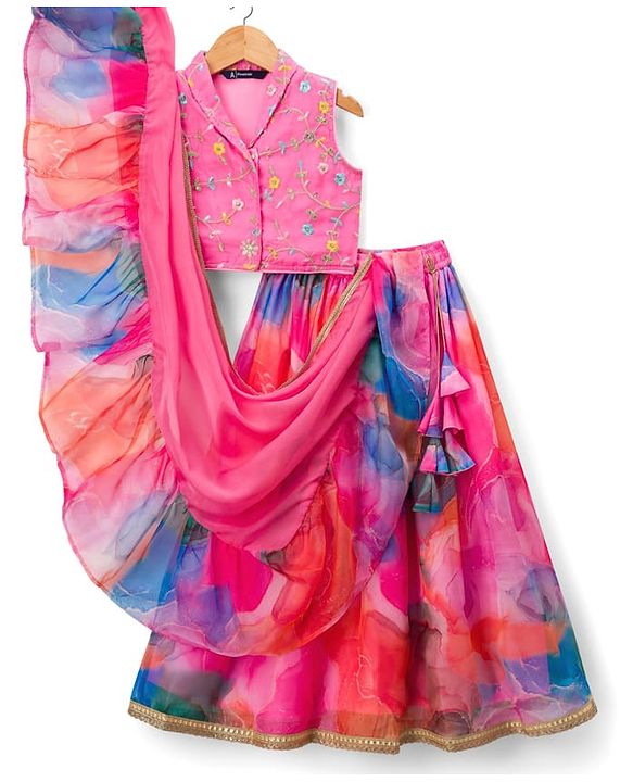 Pine Kids Woven Sleeveless Floral Printed & Embroidered Choli Lehenga with Dupatta - Pink