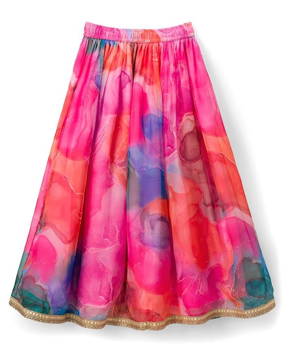 Pine Kids Woven Sleeveless Floral Printed & Embroidered Choli Lehenga with Dupatta - Pink
