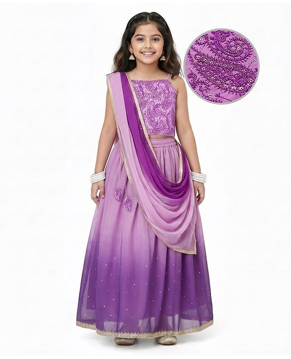 Pine Kids Woven Sleeveless Embroidered Choli Lehenga Set with Dupatta - Pink & Purple