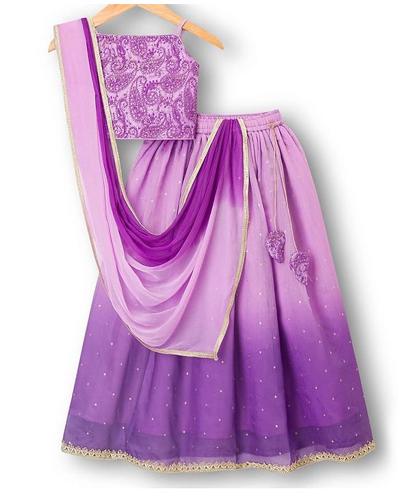 Pine Kids Woven Sleeveless Embroidered Choli Lehenga Set with Dupatta - Pink & Purple