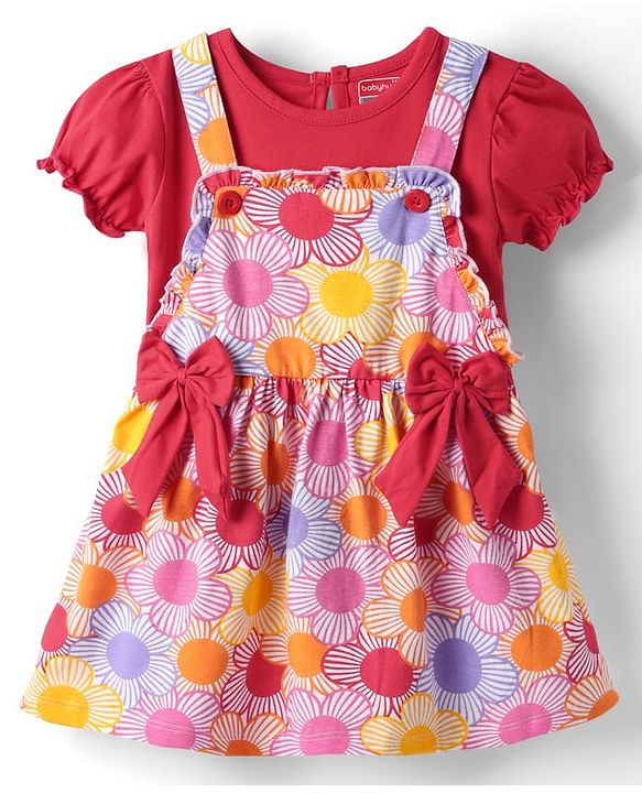 Babyhug Cotton Woven Half Sleeves Inner T-Shirt & Frock with Floral & Bow Applique  - Pink & Red
