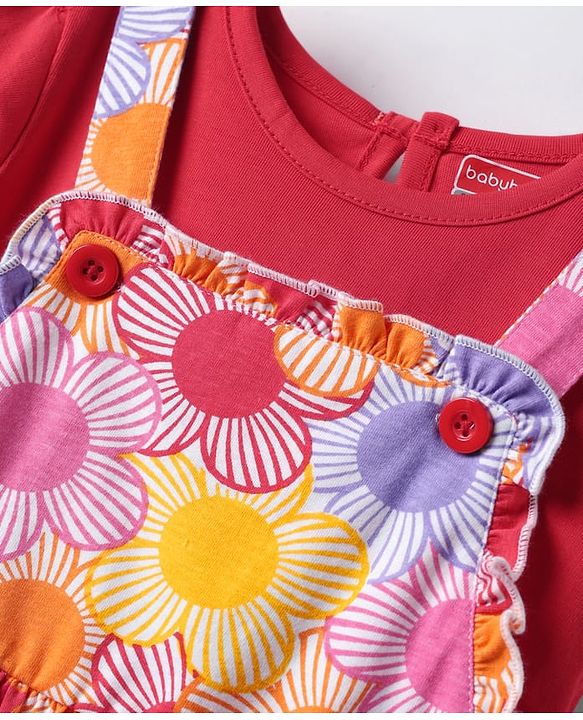 Babyhug Cotton Woven Half Sleeves Inner T-Shirt & Frock with Floral & Bow Applique  - Pink & Red