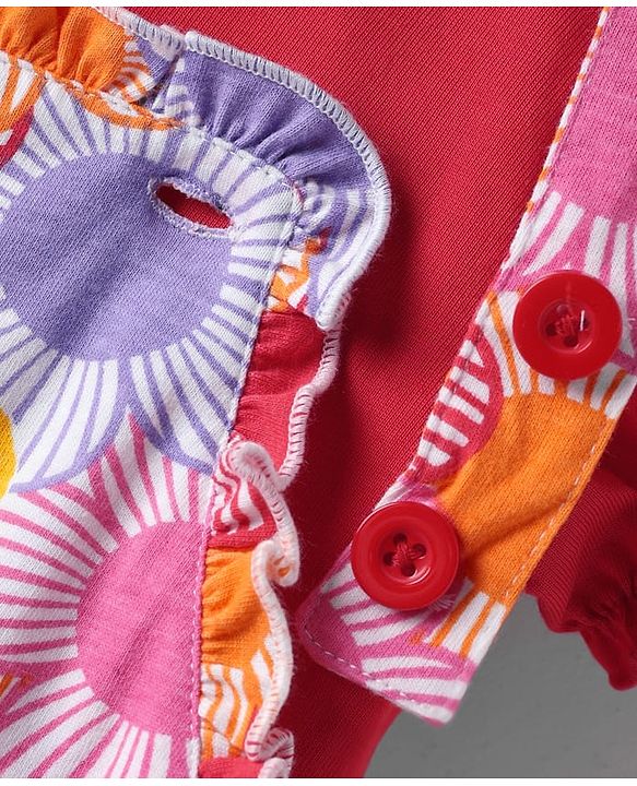Babyhug Cotton Woven Half Sleeves Inner T-Shirt & Frock with Floral & Bow Applique  - Pink & Red