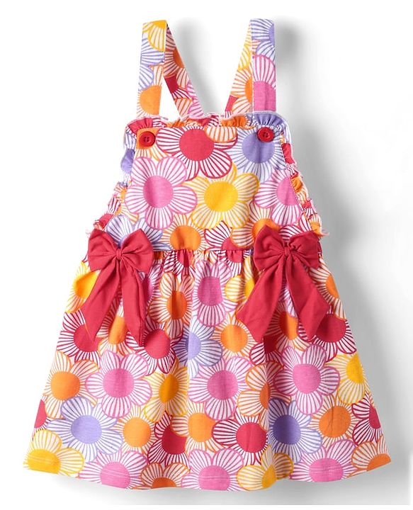 Babyhug Cotton Woven Half Sleeves Inner T-Shirt & Frock with Floral & Bow Applique  - Pink & Red
